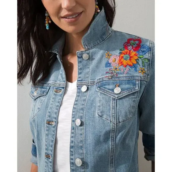 Chico's Womens Embroidered Floral Jean Jacket Shacket Stretch Welt/Chest Pockets
